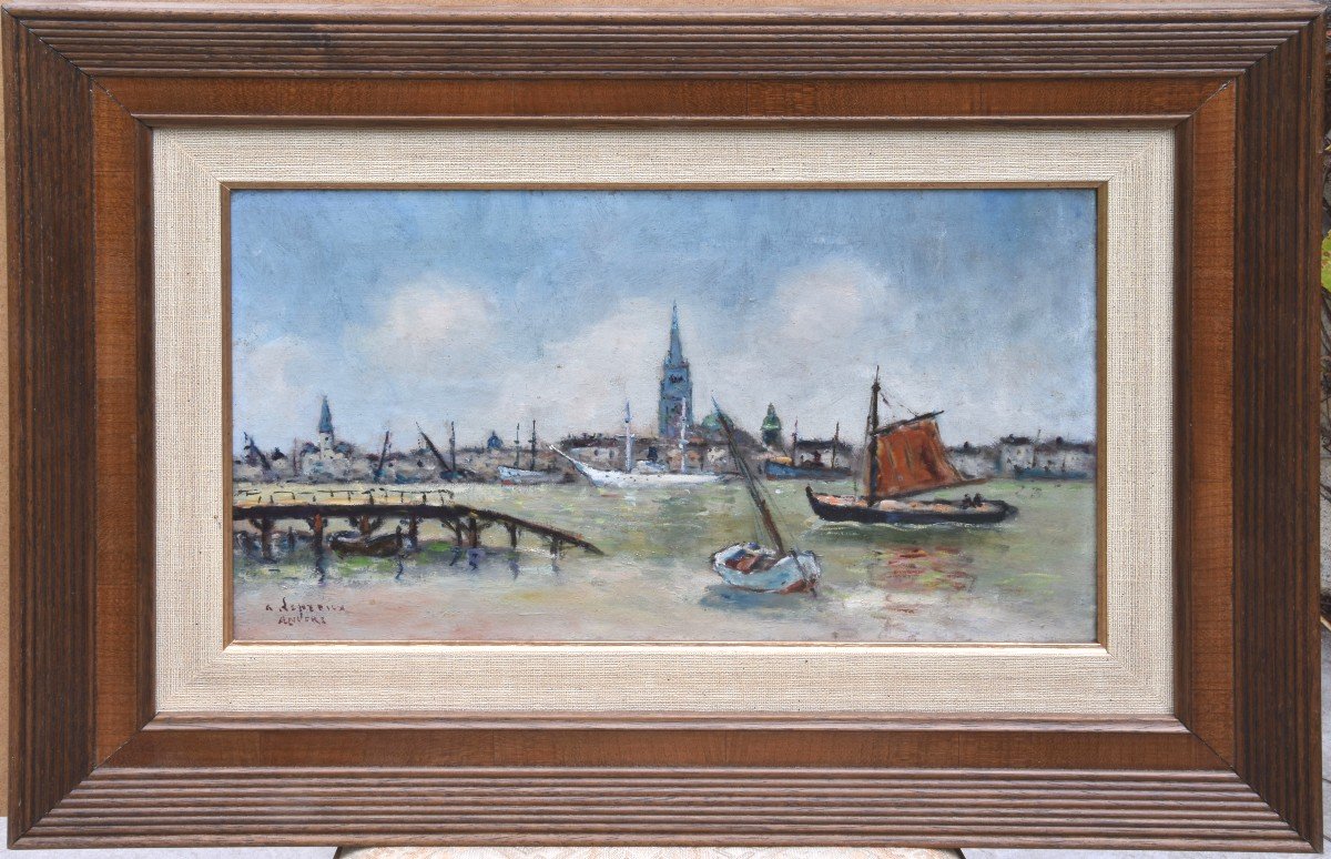 Albert LEPREUX "Le port d' "Anvers"" 1939 huile sur toile 27x46